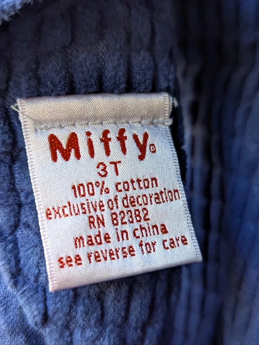 Miffy Bunny Blue Corduroy Kids Bib Overalls Size 3T 100% Cotton